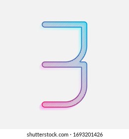 Number 3, numeral, three. Colored logo with diagonal lines and blue-red gradient. Neon graphic, light effect