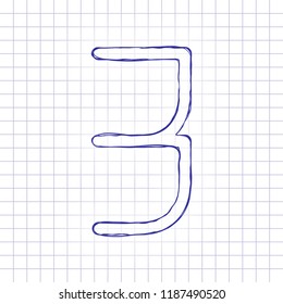 Number 3, numeral, three. Hand drawn picture on paper sheet. Blue ink, outline sketch style. Doodle on checkered background