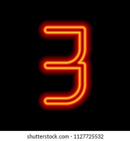 Number 3, numeral, three. Orange neon style on black background. Light icon