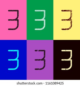 Number 3, numeral, three. Pop art style. Scratched icons on 6 colour backgrounds. Seamless pattern