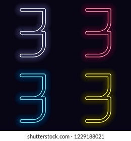 Number 3, numeral, three. Set of neon sign. Casino style on dark background. 