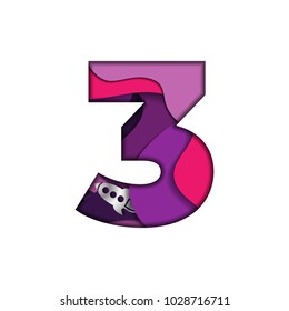 Number 3 in paper cut style. Realistic cosmic papercut design of digital symbol on white background. Colorful multi layers 3D effect. Font element for festive or greeting card. Vector illustration.