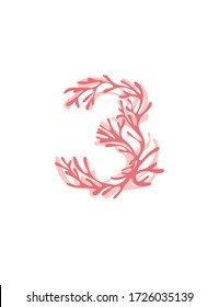 Number 3 pink colored seaweeds underwater ocean plant sea coral elements flat vector illustration on white background