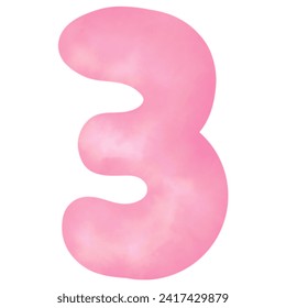 Number 3 pink painted in watercolor, vector illustration.