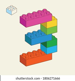 Number 3 from Plastic building blocks. Colored bricks are isolated on white background. Vector 3d illustration.