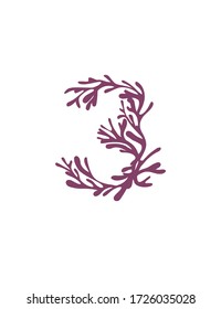 Number 3 purple colored seaweeds underwater ocean plant sea coral elements flat vector illustration on white background