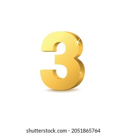 Number 3 - realistic gold metal 3D digit with sparkling golden surface isolated on white background. Shiny number three in bold font type, vector illustration.