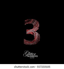 Number 3 of red and silver glitters. Typographic vector element for design. Part of curl textured alphabet with shiny paillettes. Digit three with diffusion glitter swirly pattern. Vector illustration