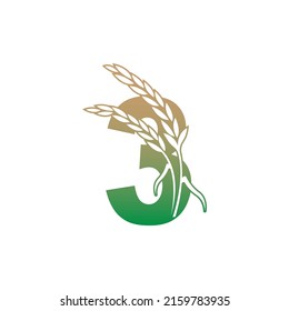 Number 3 with rice plant icon illustration template vector