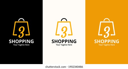 Plantilla de diseños de logotipo de tienda número 3. Ilustración vectorial gráfico del concepto de diseño del logo de la combinación de número y bolsa de compra. Perfecto para Ecommerce, venta, descuento o elemento web de tienda. Emblema de la empresa