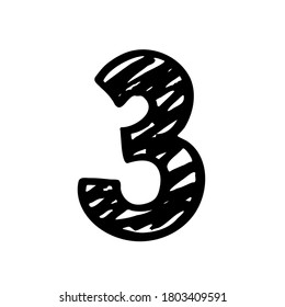 Number 3. Sign number, Black and white graphic number three logo templates. Hand drown vector doodle isolated on white background. Brush Stroke textured lettering