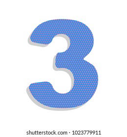 Number 3 sign design template element. Vector. Neon blue icon with cyclamen polka dots pattern with light gray shadow on white background. Isolated.