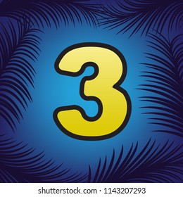 Number 3 sign design template element. Vector. Golden icon with black contour at blue background with branches of palm trees.