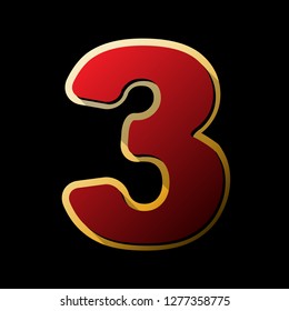 Number 3 sign design template element. Vector. Red icon with small black and limitless shadows at golden sticker on black background.