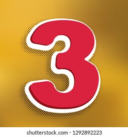 Number 3 sign design template element. Vector. Magenta icon with darker shadow, white sticker and black popart shadow on golden background.
