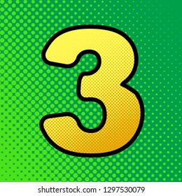 Number 3 sign design template element. Vector. Pop art orange to yellow dots-gradient icon with black contour at greenish background.
