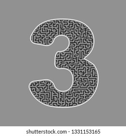 Number 3 sign design template element. Vector. Black maze filled icon with white border at gray background.