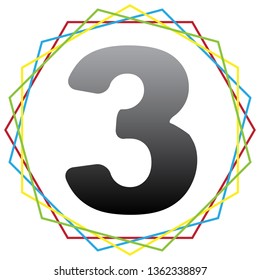 Number 3 sign design template element. Vector. Black icon with patch of light inside colorful hexagonal frames at white background.