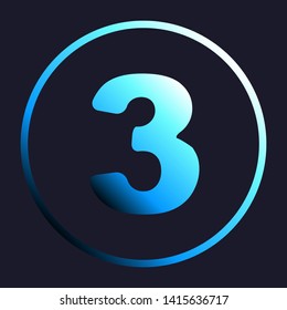 Number 3 sign design template element. White, cyan and blue gradient icon as round button in white shell at dark blue background. Illustration.