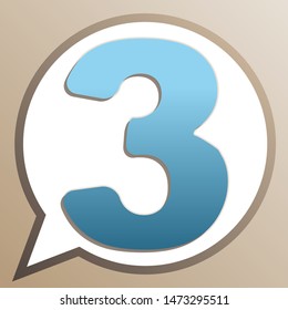 Number 3 sign design template element. Bright cerulean icon in white speech balloon at pale taupe background. Illustration.