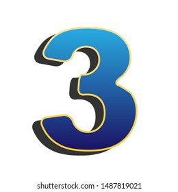 Number 3 sign design template element. Blue icon with gold contour with dark gray shadow at white background. Illustration.