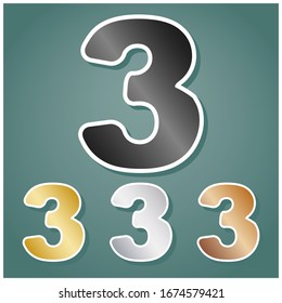 Number 3 sign design template element. Set of metallic Icons with gray, gold, silver and bronze gradient with white contour and shadow at viridan background. Illustration.