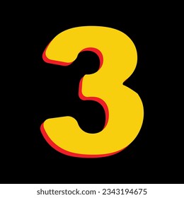 Number 3 sign design template element. 3D Extruded Yellow Icon with Red Sides a Black background. Illustration.
