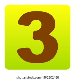 Number 3 sign design template element. Vector. Brown icon at green-yellow gradient square with rounded corners on white background. Isolated.