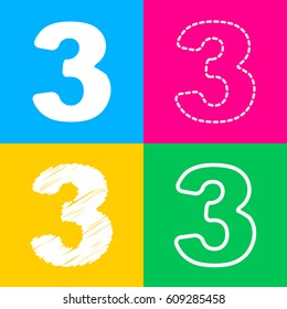 Number 3 sign design template element. Four styles of icon on four color squares.
