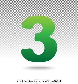 Number 3 sign design template element. Vector. Green gradient icon with shadow at bottom on transparent and white background.