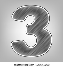 Number 3 sign design template element. Vector. Pencil sketch imitation. Dark gray scribble icon with dark gray outer contour at gray background.