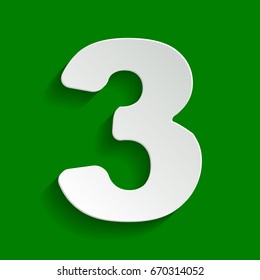 Number 3 sign design template element. Vector. Paper whitish icon with soft shadow on green background.