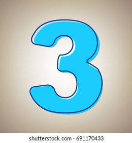 Number 3 sign design template element. Vector. Sky blue icon with defected blue contour on beige background.