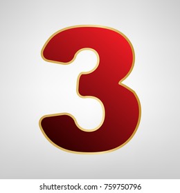 Number 3 sign design template element. Vector. Red icon on gold sticker at light gray background.