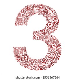 Number 3 sign henna tattoo doodle vector ornament on white background. For banner, poster, flyer, signboard, menu