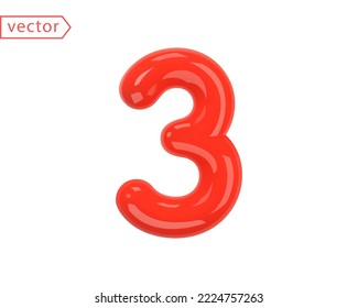 Number 3 Sign. Realistic Red Plastic Glossy 3D Number Three isolated on white background. Birthday, Anniversary, Christmas, Xmas, New year, Holiday Sale Concept. 3d vector illustration