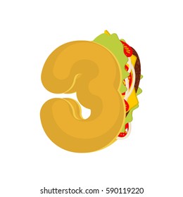 Number 3 tacos. Mexican fast food font three. Taco alphabet symbol. Mexico meal ABC