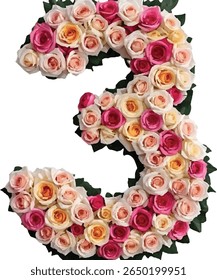 The number "3" number three is artfully crafted using a vibrant array of roses in varying shades of pink, peach, and cream, creating a visually striking and floral representation of the numeral.