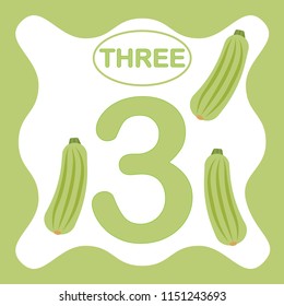 Number 3 (three), educational card, learning counting with vegetables, mathematics. Vector illustration.