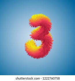 Number 3 Three Festive Illustration on Blue Background, Number 3 from Fur Alphabet, High Quality Shaggy Letter 3, Poster or Brochure Template, Vector Illustration