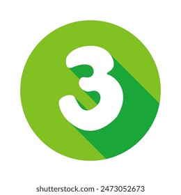 Number 3 three icon vector illustration, flat design icon with long shadow, circle shape icon