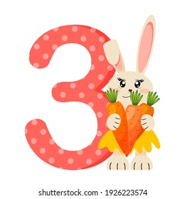 Number 3 three for kids. Learn to count with funny bunny. Vector illustration.