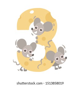 Number 3 and three mice. Vector illustration on a white background.