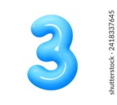 Number 3. Three Number sign blue color. Realistic 3d design in cartoon balloon style. Isolated on white background. vector illustration