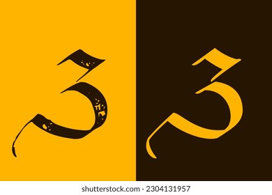 Number 3. Three sign logo in Gothic style. Calligraphy letters. Antique vintage blackletter vector emblems set. Medieval Germanic font for tattoos, stylish calligraphy, luxury masthead, halloween.