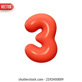 Number 3. three Number sign red color. Realistic 3d design in cartoon balloon style. Isolated on white background. vector illustration