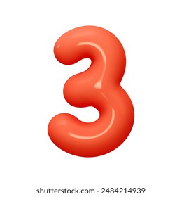 Number 3. Three Number sign red color. Realistic 3d design in cartoon balloon style. Isolated on white background. vector illustration