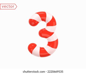 Number 3. Number Three sign white intertwined with red ribbon. 3d Numeral as Candy Cane in cartoon style. Realistic glossy object isolated on white background. 3D symbol icon vector illustration