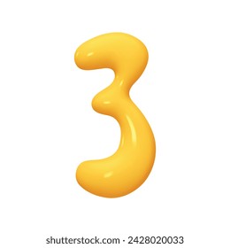 Número 3. Signo de tres números de color amarillo. Diseño 3d realista en estilo de pintura líquida de dibujos animados. Aislado sobre fondo blanco. ilustración vectorial