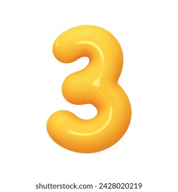 Number 3. Three Number sign yellow color. Realistic 3d design in cartoon balloon style. Isolated on white background. vector illustration